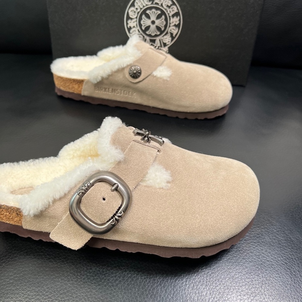 Chrome Hearts Cream Suede Shearling Clogs with Silver Buckle - Picture 6 of 9